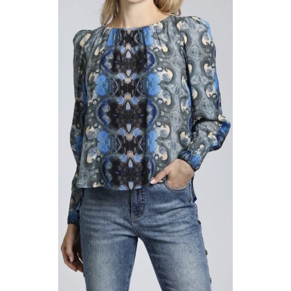 APNY Printed Smocked Cuff Lightweight Top Flowy Boho Cupro Viscose Sz Small‎